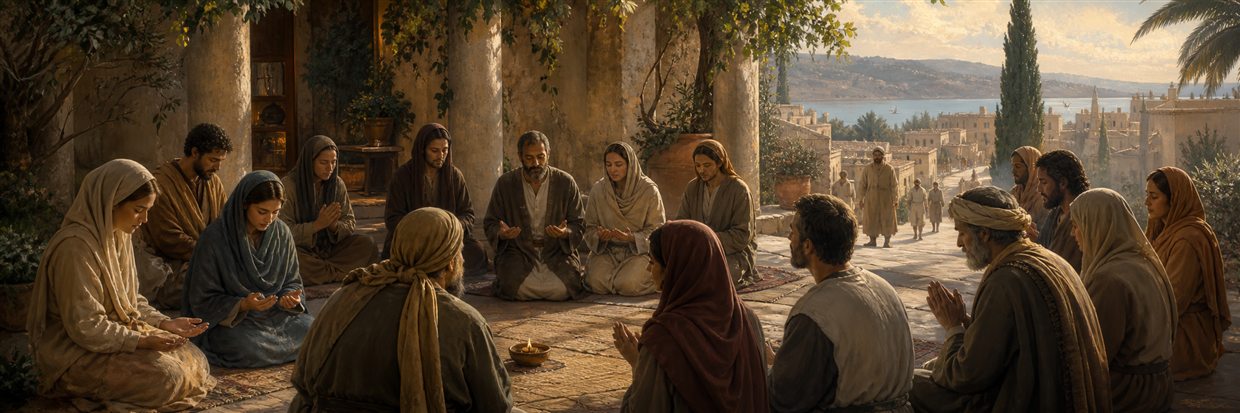 A diverse first-century gathering praying peacefully together in an open courtyard